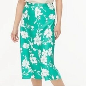 J. Crew Green and White Floral Satin Crepe Skirt MIDI